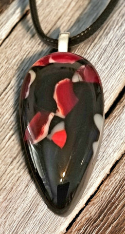 Fused Art Glass Black, Red, White Necklace Teardrop Pendant