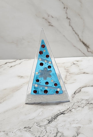 Handmade Fused Art Glass Sky Blue Decorated Christmas Tree - Includes battery operated candle