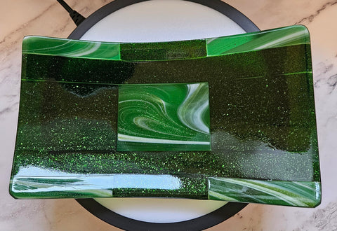 Fused Aventurine Green Sparkle Art Glass Sushi Dish