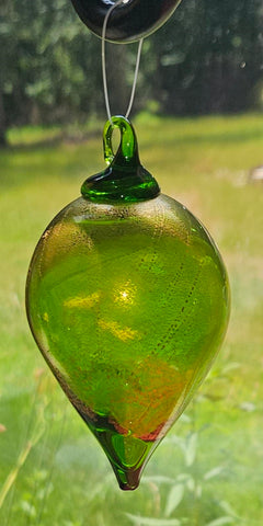 Handmade by Artisan Glass Eye Studio Green and Gold Leaf TearDrop Ornament