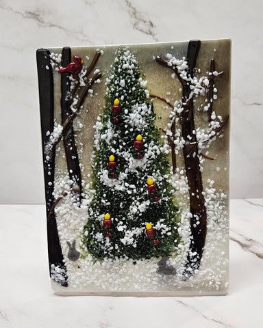 Handmade Fused Art Glass Woodland Christmas Tree for Forest Animals Snow Scene