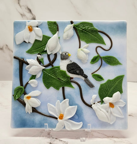 Handmade Fused Art Glass Magnolia Tree and Bird Scene