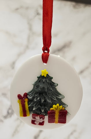Handmade Fused Art Glass Christmas Tree and Presents Ornament