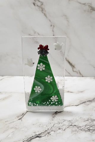 Handmade Fused Art Glass Christmas Tree with doves Tea Light - Includes battery operated candle