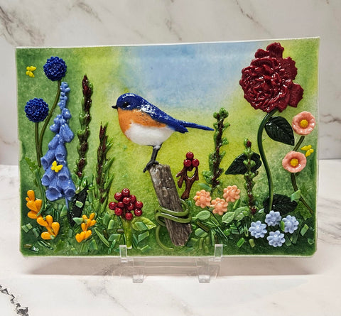 Handmade Fused Art Glass Eastern Bluebird in Flower Garden Scene