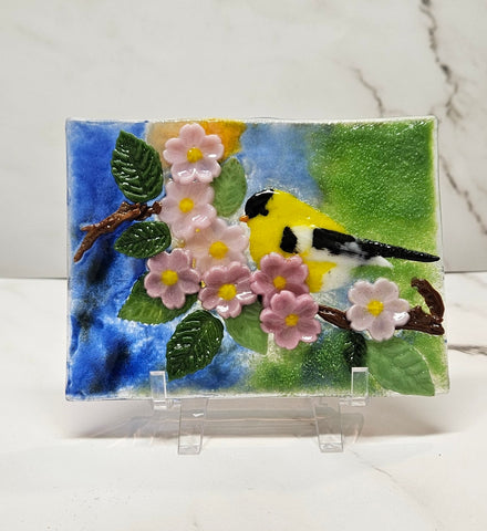 Handmade Fused Art Glass Finch on a Tree Branch With Pink Flowers Scene