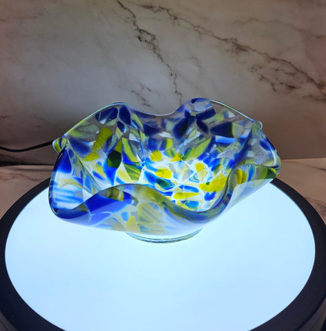 Handmade Fused Art Glass Footed Bowl in Yellow, Blue, White and Clear