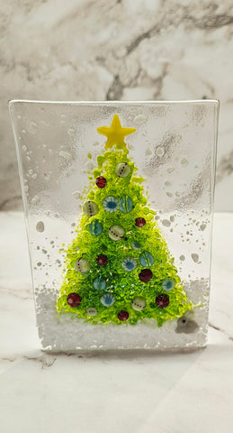 Handmade Fused Art Glass Christmas Tree with Yellow Star - Includes battery operated candle