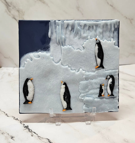 Handmade Fused Art Glass Arctic Penguin Party Winter Scene