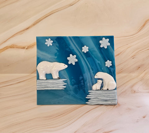 Handmade Fused Art Glass Arctic Polar Bear Winter Scene