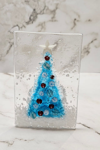 Handmade Fused Art Glass Sky Blue Decorated Christmas Tree - Includes battery operated candle