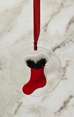 Handmade Fused Art Glass Stocking Christmas Ornament
