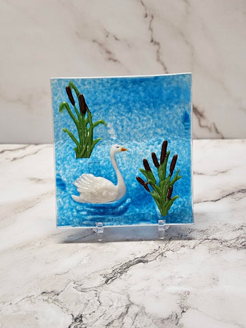 Handmade Fused Art Glass Swimming Swan - Includes stand