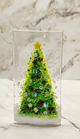 Handmade Fused Art Glass Christmas Tree with Yellow Star Tea Light - Includes battery operated candle