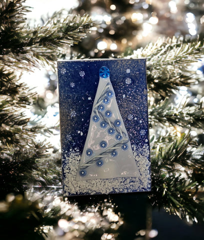 Handmade Fused Art Glass Blue Christmas Tree Winter Scene