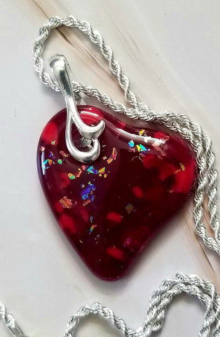 Fused Art Glass Red Dichroic Heart Pendant Necklace