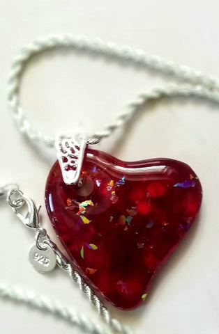 Fused Art Glass Red Dichroic Heart Pendant Necklace H2