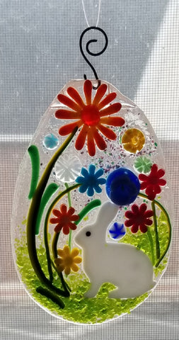 Fused Art Glass Bunny Rabbit in a Garden Easter Egg Shape Suncatcher