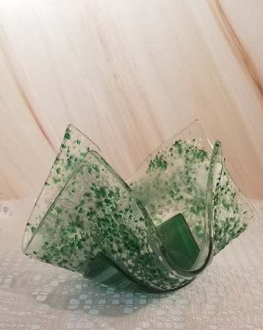 Fused Art Glass Aventurine Green, White and Clear Candle Holder/Tea Light