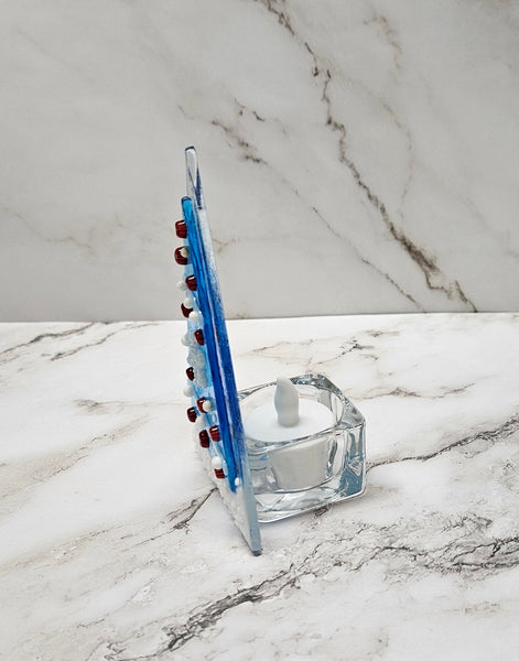 Handmade Fused Art Glass Sky Blue Decorated Christmas Tree - Includes battery operated candle