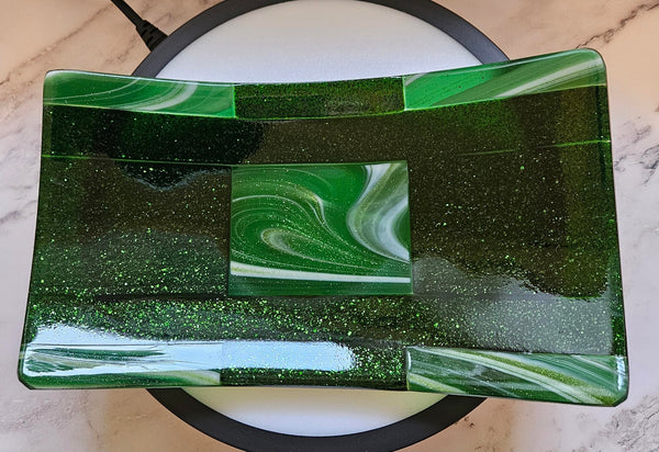 Fused Aventurine Green Sparkle Art Glass Sushi Dish