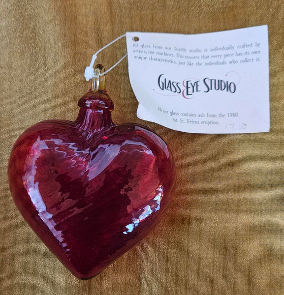 Handmade by Artisan Glass Eye Studio Red Amber Swirl Heart Ornament
