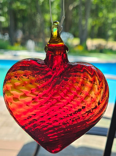 Handmade by Artisan Glass Eye Studio Red Amber Swirl Heart Ornament