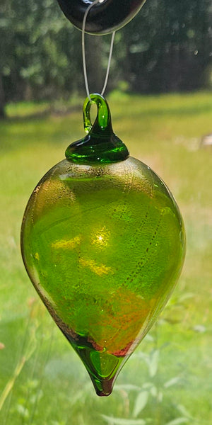 Handmade by Artisan Glass Eye Studio Green and Gold Leaf TearDrop Ornament