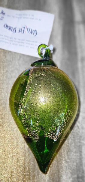 Handmade by Artisan Glass Eye Studio Green and Gold Leaf TearDrop Ornament
