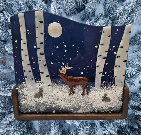 Fused Art Glass Snowy Moonlit Elk in the Aspens