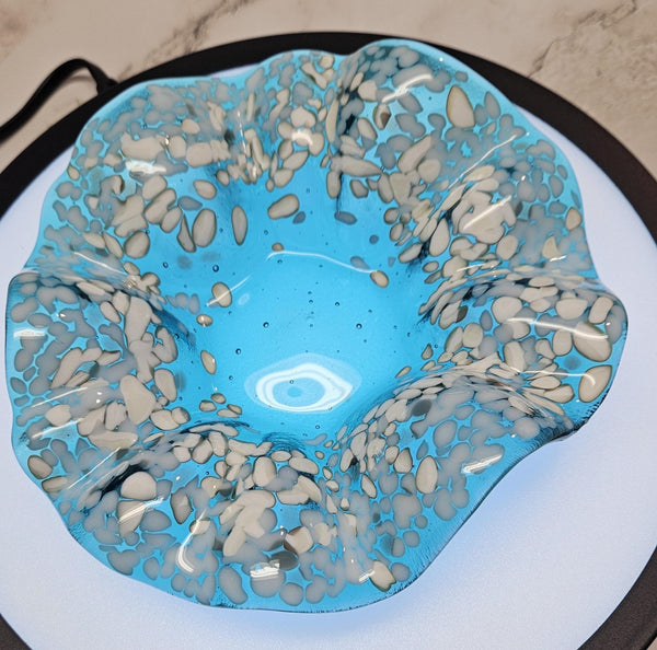 Handmade Fused Art Glass Bowl in Caribbean Blue with White and Vanilla
