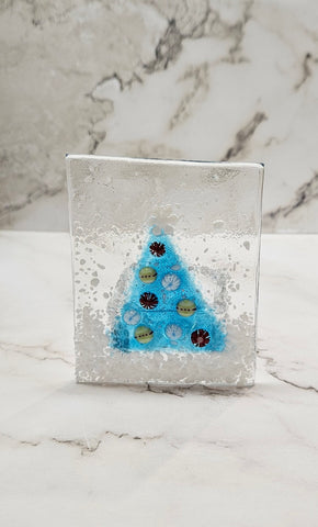Handmade Fused Art Glass Sky Blue with Snowflake Topper Decorated Christmas Tree - Includes battery operated candle