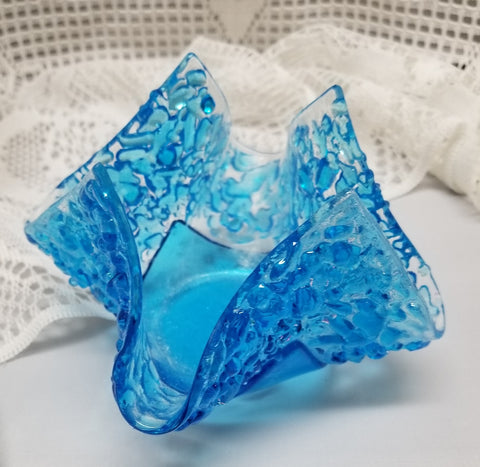 Fused Art Glass Sky Blue and Clear Candle Holder/Tea Light
