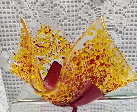 Fused Art Glass Ruby Red and Yellow Candle Holder/Tea Light
