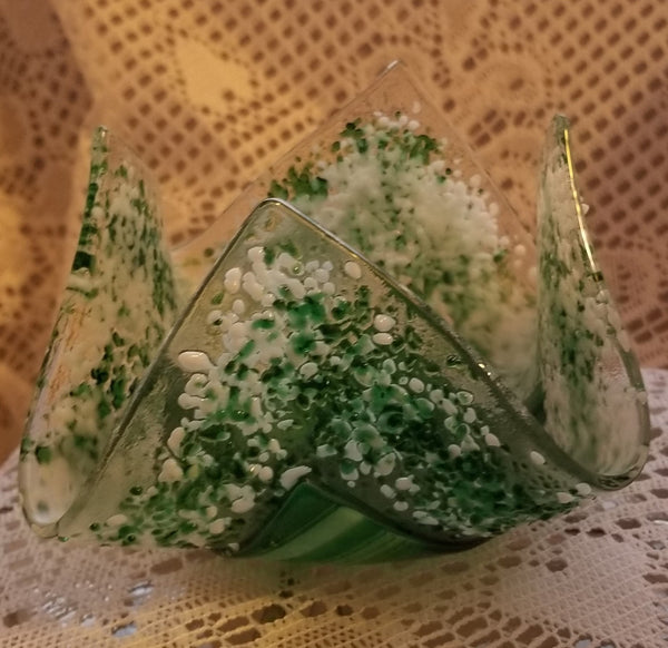 Fused Art Glass Aventurine Green, White and Clear Candle Holder/Tea Light