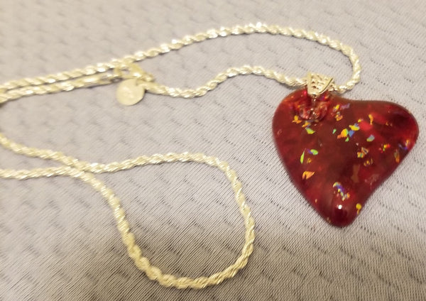 Fused Art Glass Red Dichroic Heart Pendant Necklace H2