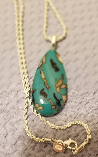 Fused Art Glass Turquoise, Vanilla, Black Mixture Pendant Necklace Teardrop