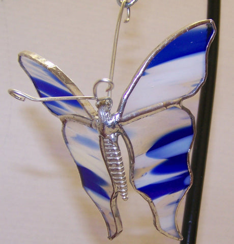 Hanging Butterfly with Stained Glass Wings (Blue, White, Clear)