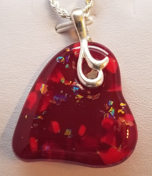 Fused Art Glass Red Dichroic Heart Pendant Necklace