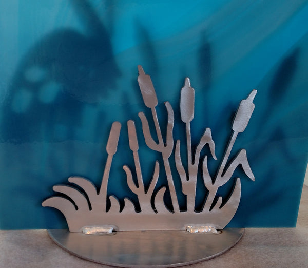 Inspirational Metal Art Display Stand For Glass - Heron Facing Left With Bulrushes Stand
