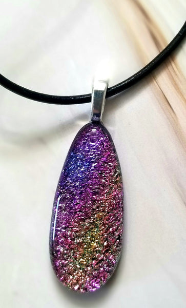 Fused Art Glass Dichroic Necklace Teardrop Pendant
